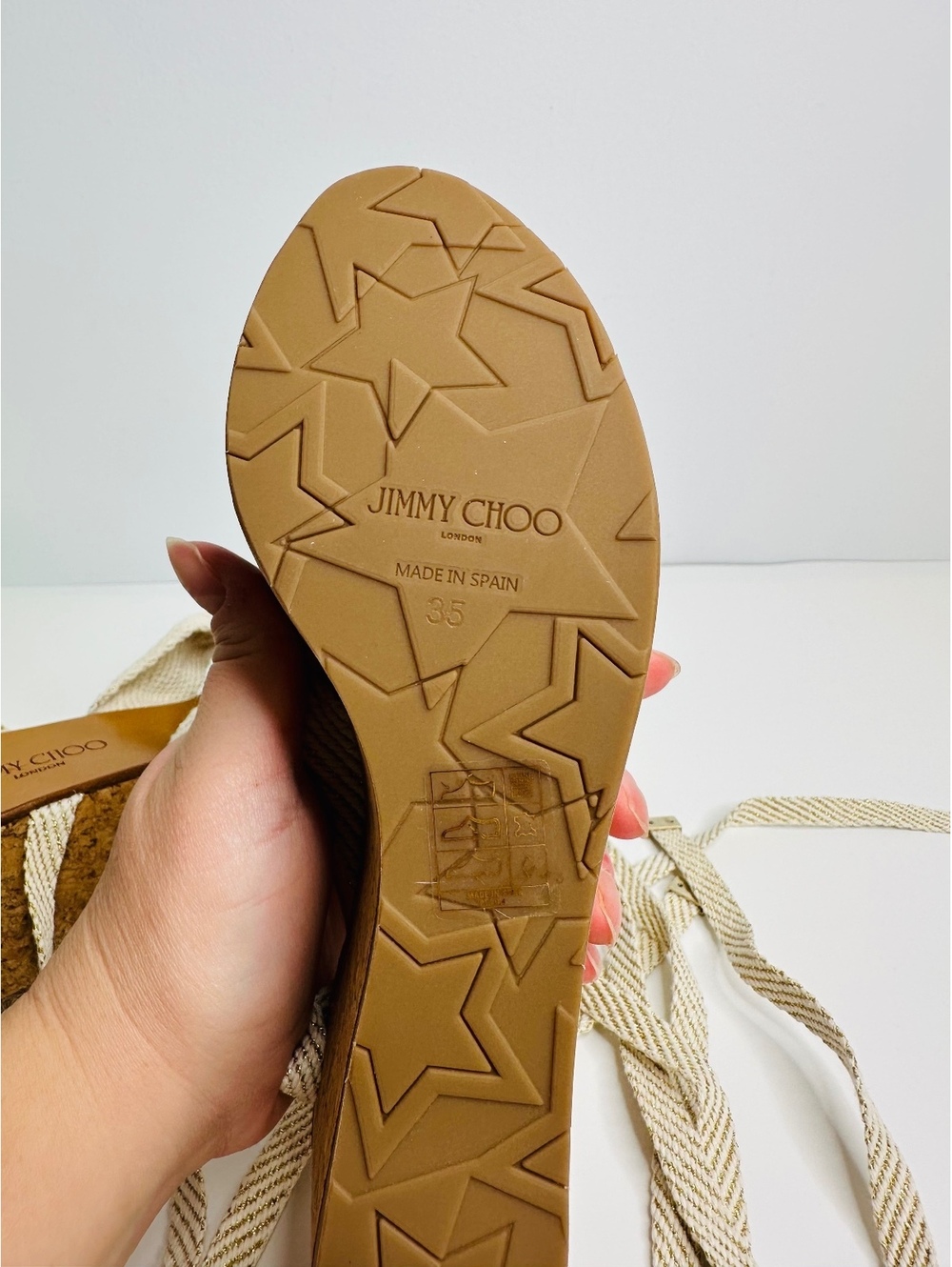 Jimmy Choo Cork Wedge Sandals Size 35 Ivory Gold Bow Lace Up Made Spain - Picture 9 of 9
